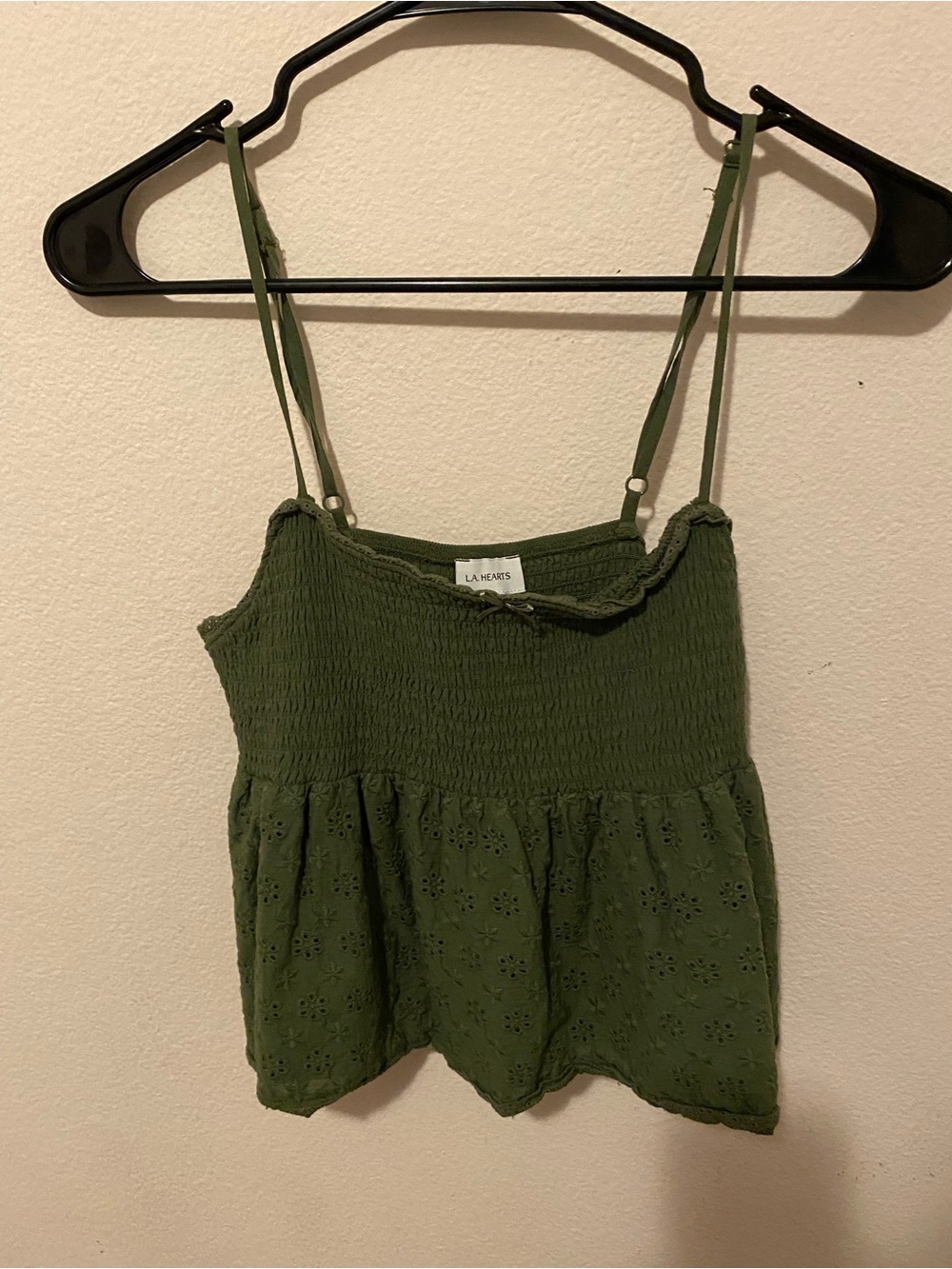 La Hearts Olive Green Eyelet Smocked Cami